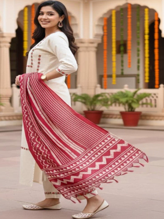 Women Ethnic Motifs Embroidered Regular Thread Work Kurta with Trousers & With Dupatta