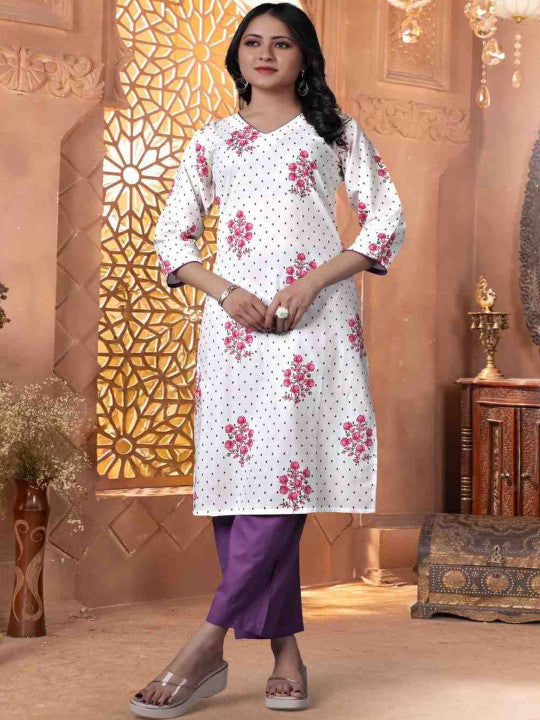 Floral Printed V-Neck Pure Cotton Kurta With Trousers