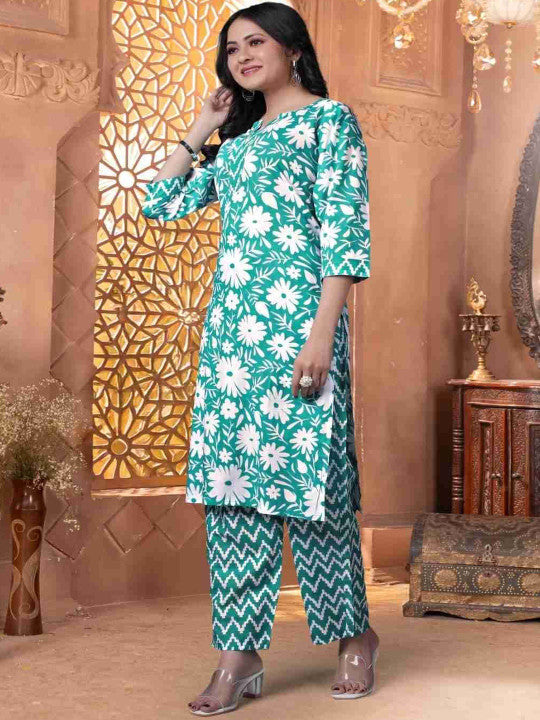 Women Floral Printed Cotton Kurta with Trousers