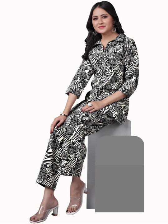 Floral Printed Shirt Collar Straight Kurti With Trousers