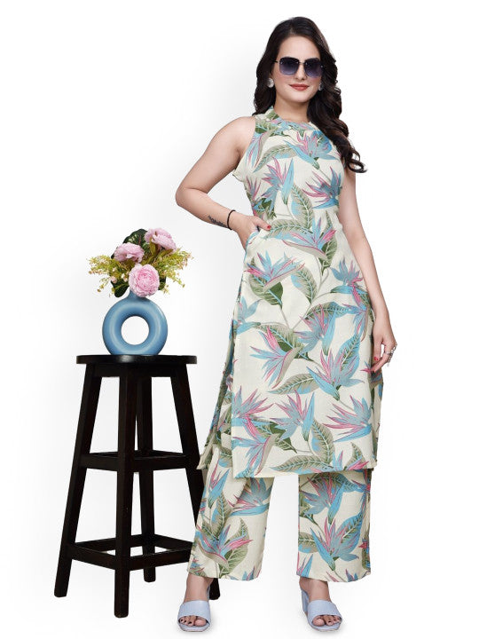 Floral Printed Round Neck Straight Kurta With Trousers
