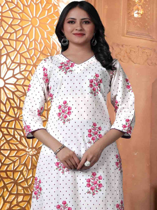 Floral Printed V-Neck Pure Cotton Kurta With Trousers