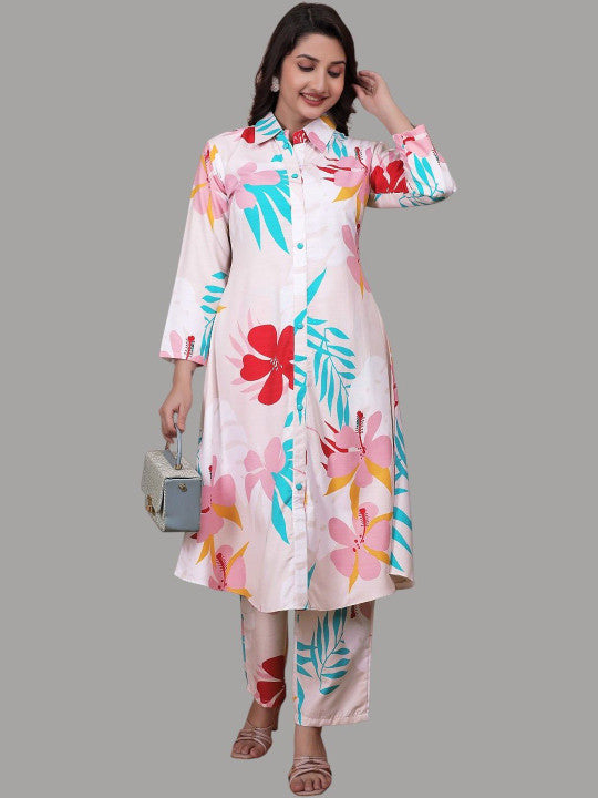 Floral Printed Shirt Collar A-Line Kurta With Trousers