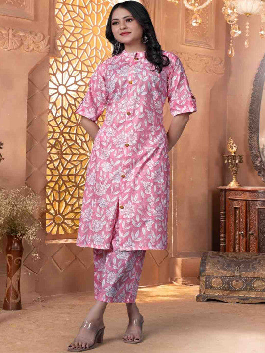 Floral Printed Band Collar Pure Cotton Straight Kurta With Trousers