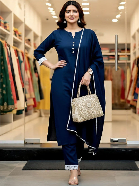 Notch Neck Straight Kurta With Trousers & Dupatta