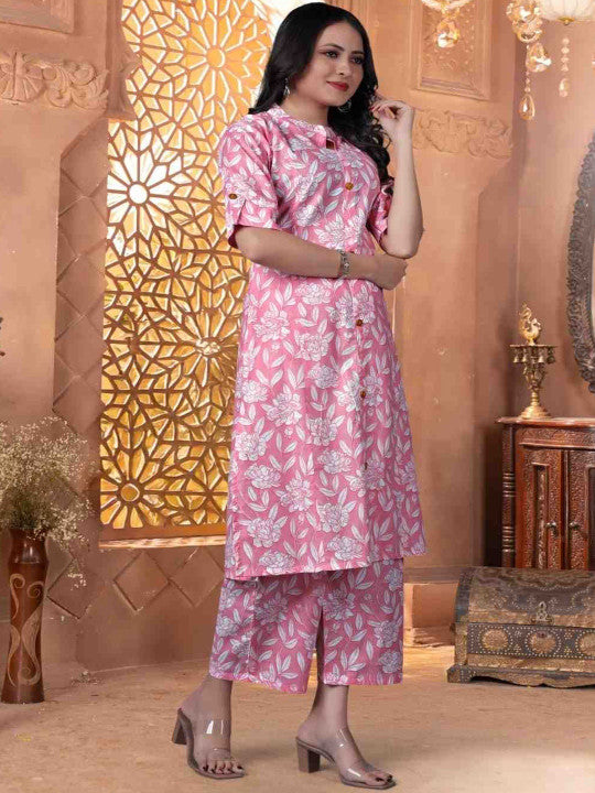 Floral Printed Band Collar Pure Cotton Straight Kurta With Trousers