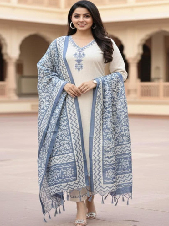 Women Ethnic Motifs Embroidered Regular Thread Work Kurta with Trousers & With Dupatta