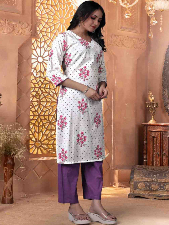 Floral Printed V-Neck Pure Cotton Kurta With Trousers