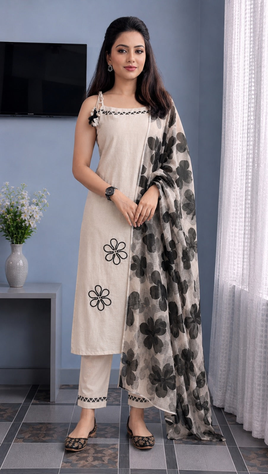 Women Floral Embroidered Regular Thread Work Kurta with Trousers & With Dupatta