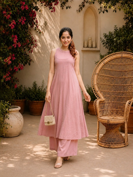 Elegant Solid Dusty Pink Kurta and Palazzo Set