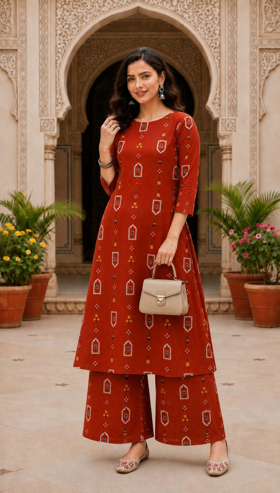 Beautiful Rust Floral Printed A-Line Kurta and Palazzo Set