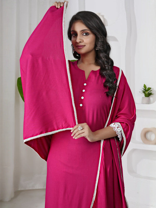 V-Neck Straight Kurta With Trousers & Dupatta