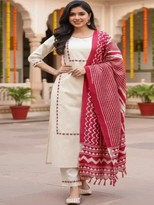 Women Ethnic Motifs Embroidered Regular Thread Work Kurta with Trousers & With Dupatta