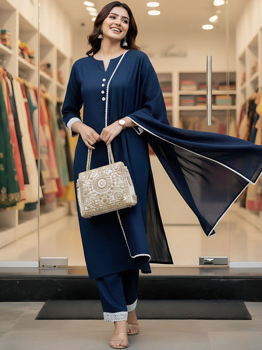 Notch Neck Straight Kurta With Trousers & Dupatta