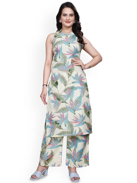 Floral Printed Round Neck Straight Kurta With Trousers
