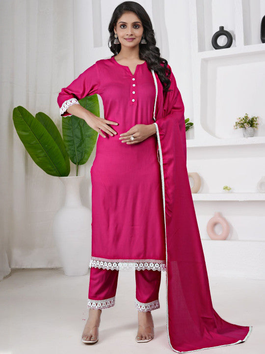 V-Neck Straight Kurta With Trousers & Dupatta