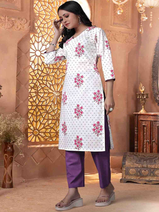 Floral Printed V-Neck Pure Cotton Kurta With Trousers