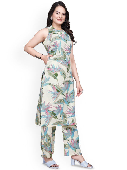 Floral Printed Round Neck Straight Kurta With Trousers