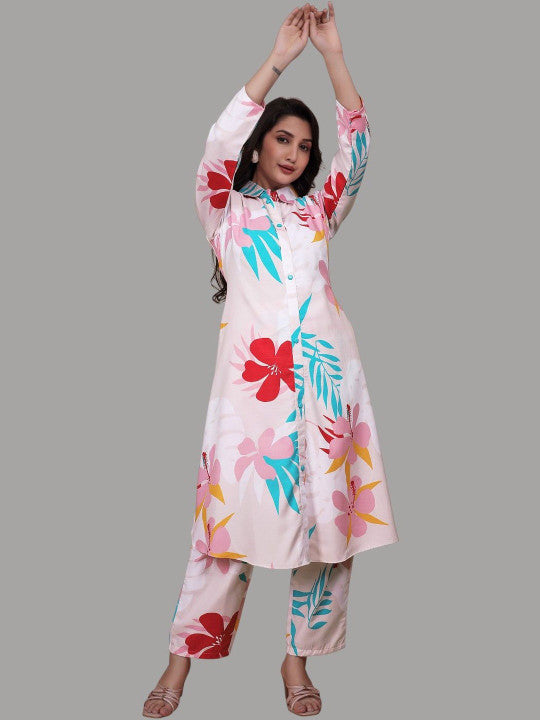 Floral Printed Shirt Collar A-Line Kurta With Trousers