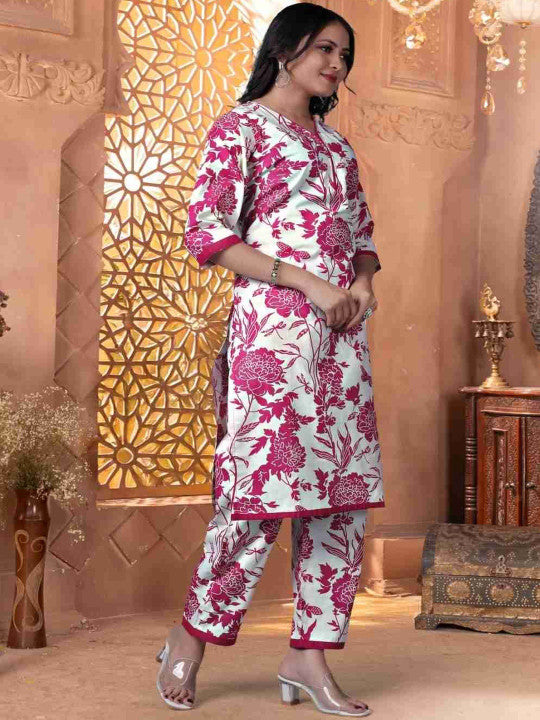 Women Floral Printed Cotton Kurta with Trousers