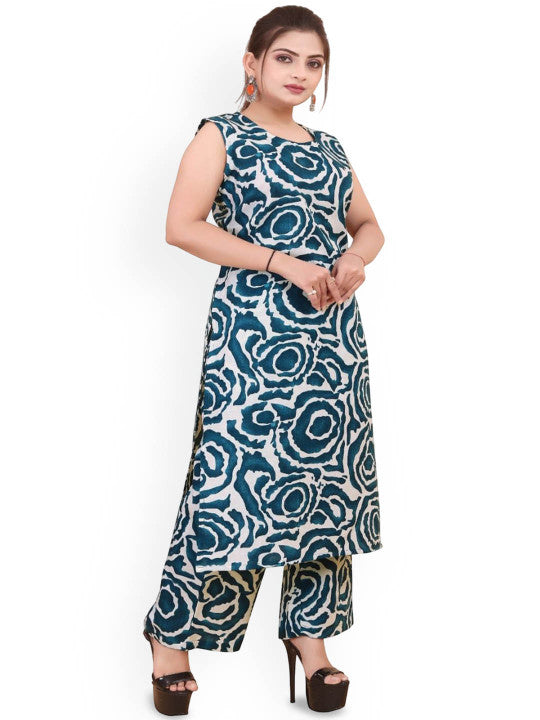 Floral Printed Round Neck Straight Kurta With Palazzos