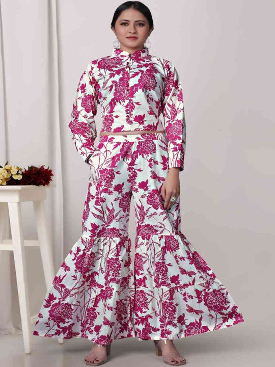 Floral Printed Band Collar Pure Cotton Top with Sharara