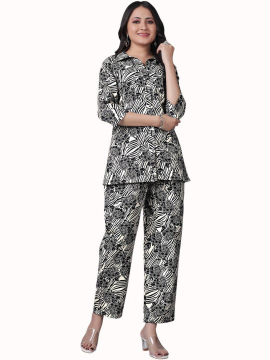 Floral Printed Shirt Collar Straight Kurti With Trousers