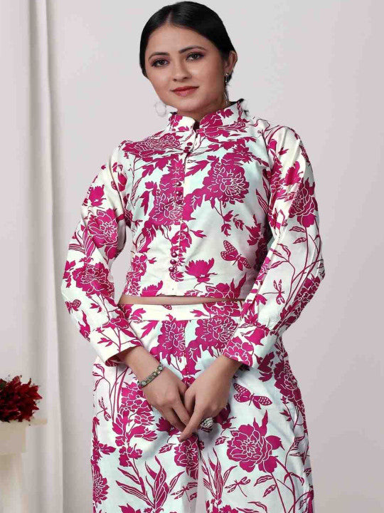 Floral Printed Band Collar Pure Cotton Top with Sharara