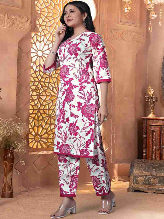Women Floral Printed Cotton Kurta with Trousers