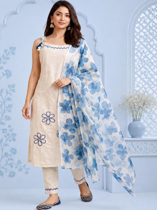 Women Floral Embroidered Regular Thread Work Kurta with Trousers & With Dupatta