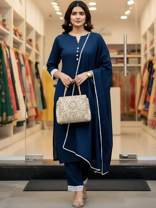 Notch Neck Straight Kurta With Trousers & Dupatta