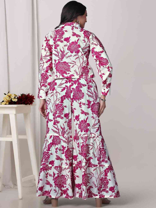 Floral Printed Band Collar Pure Cotton Top with Sharara