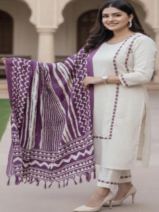 Women Ethnic Motifs Embroidered Regular Thread Work Kurta with Trousers & With Dupatta