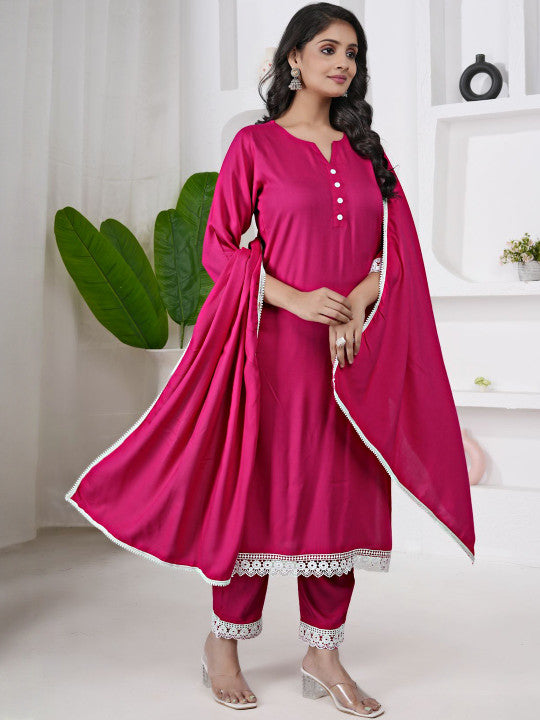 V-Neck Straight Kurta With Trousers & Dupatta