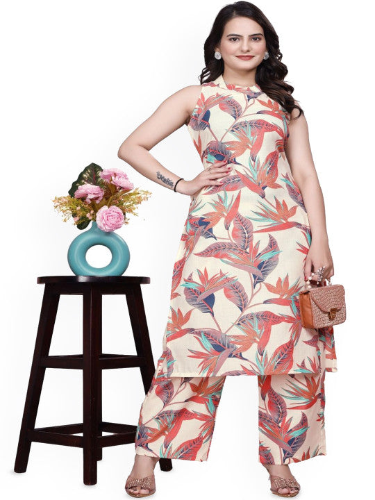 Floral Printed Mandarin Collar Straight Kurta With Palazzos