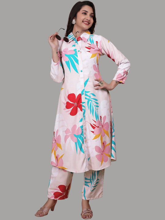 Floral Printed Shirt Collar A-Line Kurta With Trousers