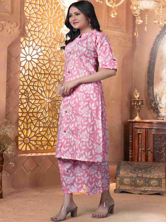Floral Printed Band Collar Pure Cotton Straight Kurta With Trousers
