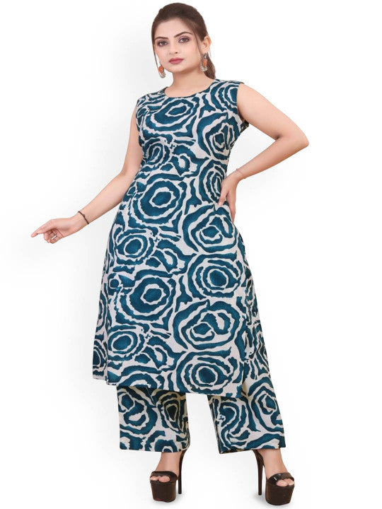 Floral Printed Round Neck Straight Kurta With Palazzos