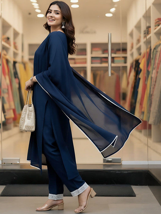 Notch Neck Straight Kurta With Trousers & Dupatta