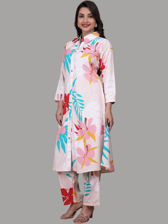 Floral Printed Shirt Collar A-Line Kurta With Trousers