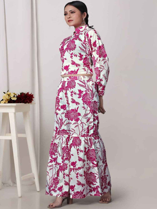Floral Printed Band Collar Pure Cotton Top with Sharara
