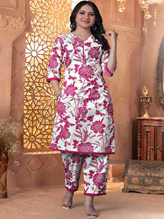 Women Floral Printed Cotton Kurta with Trousers