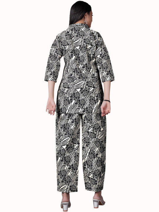 Floral Printed Shirt Collar Straight Kurti With Trousers