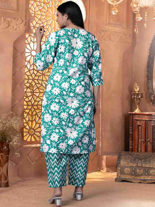 Women Floral Printed Cotton Kurta with Trousers