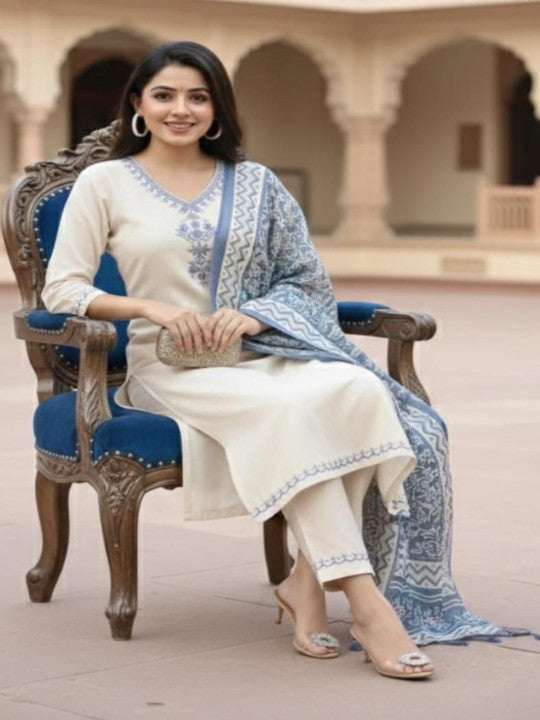 Women Ethnic Motifs Embroidered Regular Thread Work Kurta with Trousers & With Dupatta